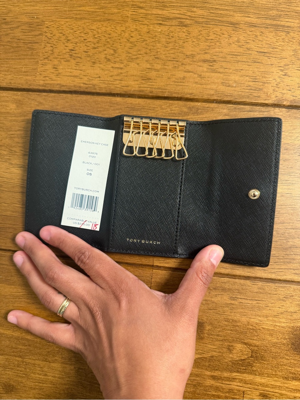 Tory Burch Black Saffiano Leather Key & Card Holder with Gold Hardware